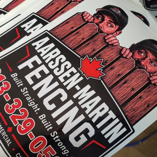 Die-cut fencing-company vinyl decals, printed and cut by Signs613